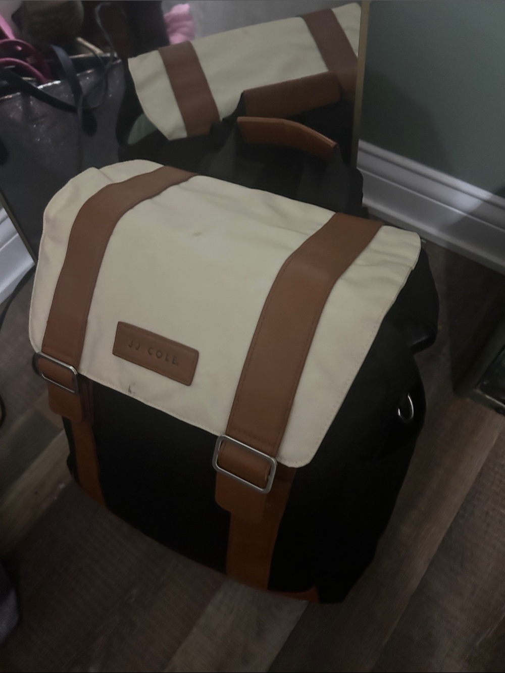 JJ Cole Black and Cream Backpack with Tan Accents